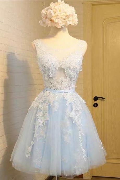 Sleeveless homecoming dress,light blue prom dress,chic birthday dress with lace,o-neck homecoming dress,custom made
