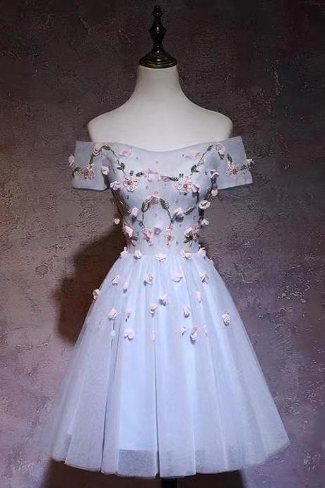 Cute Party Dress,light Blue Prom Dress,chic Birthday Dress With Applique,off Shoulder Homecoming Dress,custom Made