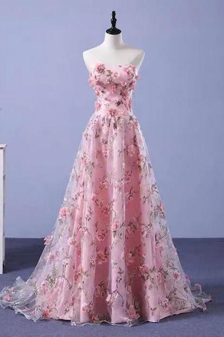 Strapless party dress ,tulle floral evening dress,pink applique prom dress,sweet birthday dress,custom made