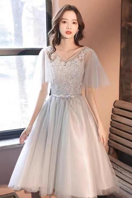 V-neck Prom Dress,gray Party Dress,cute Homecoming Dress ,custom Made