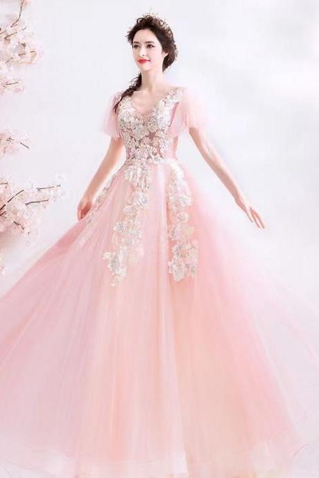 V-neck evening dress,pink prom dress,sweet party dress,custom made