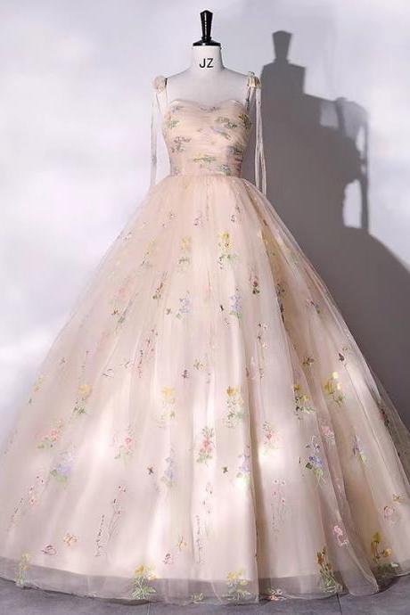 Champagne evening dress, new style, spaghetti strap party dress, fairy party dress,unique floral ball gown ,dress,chic quinceanera dress,custom made