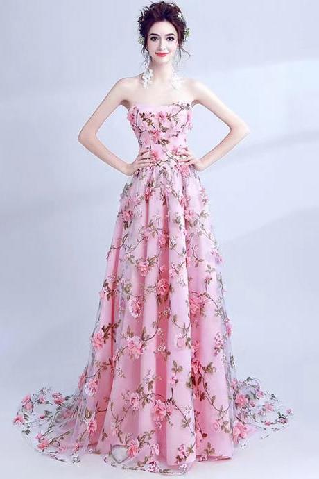 Strapless party dress ,tulle floral evening dress,pink applique prom dress,sweet birthday dress,custom made