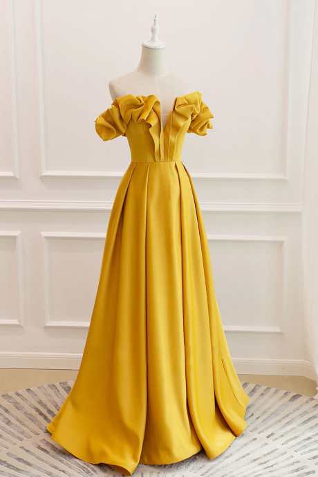 Yellow prom dress,elegant party dress,off shoulder satin evening dress,custom made