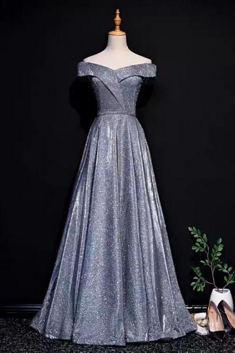 Off shoulder prom dress,blue shiny party dress,sexy evening dress,Custom Made