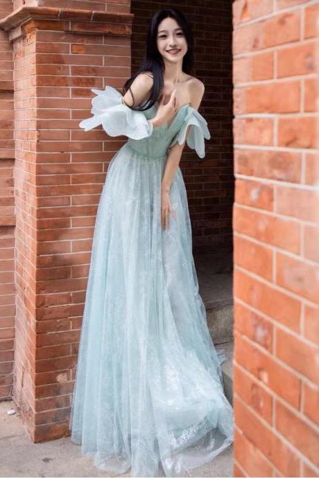 Light blue prom dress,off-shoulder party dress, fairy graduation dress, luxury birthday dress,Custom Made
