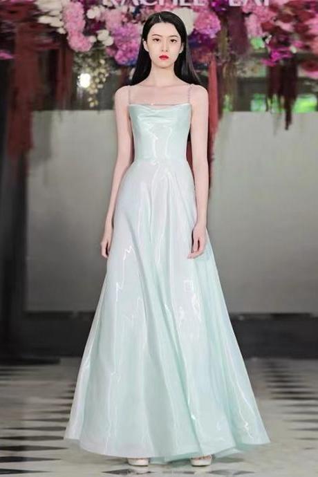 Long prom dress, light blue party dress, sexy spaghetti strap evening dress,sation dress,Custom Made