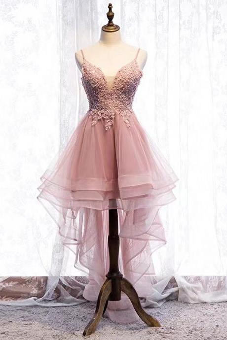 Pink bridesmaid dress, spaghetti strap birthday party dress, high-low dress homecoming dress,Custom Made