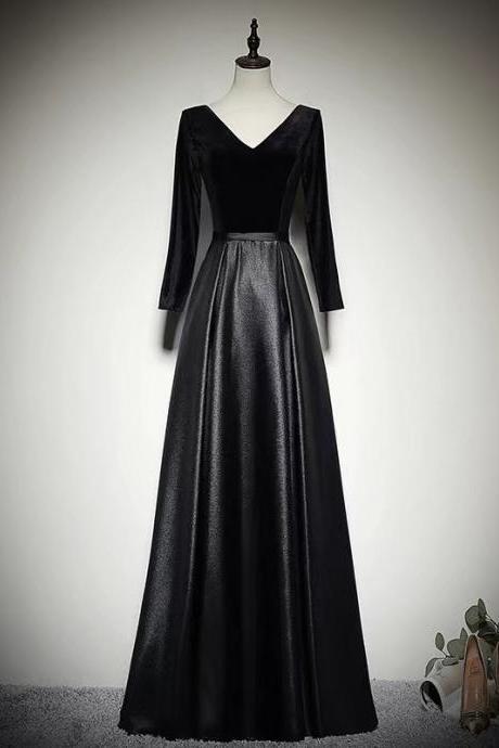 V-neck evening dress,black prom dress,long sleeve party dress,Custom made