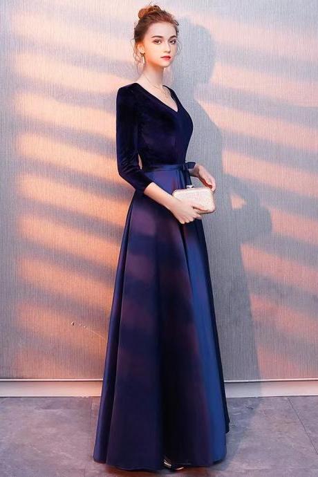 V-neck evening dress,navy blue prom dress,long sleeve party dress,Custom made