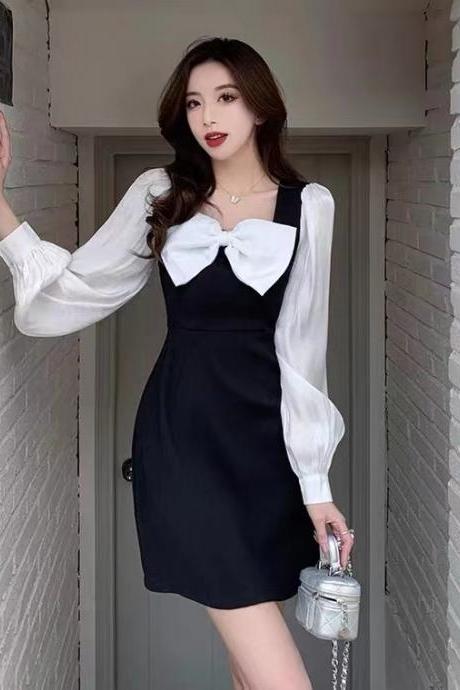 Bow splicing collision color dress female, spring, new style, square collar closed waist slimming dress