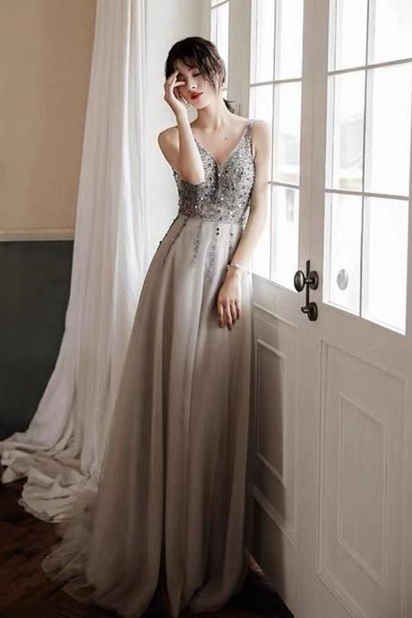 V-neck Evening Dress,sexy Prom Dress,gray Party Dress With Bead,custom Made