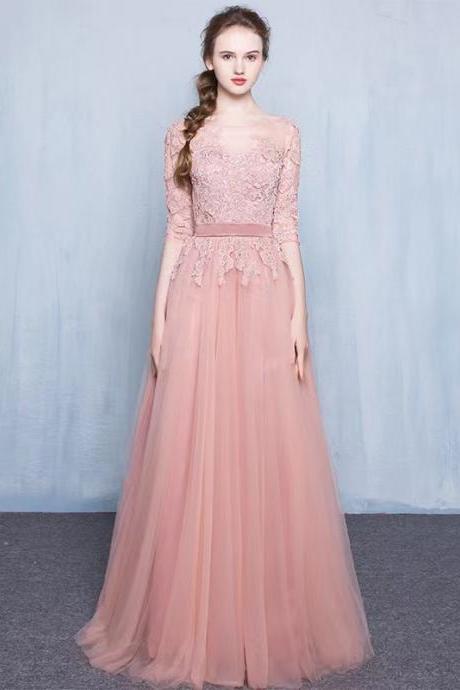 Long Sleeve Prom Gown,pink Evening Dress, Sweet Party Dress,o-neck Bridesmaid Dress,custom Made
