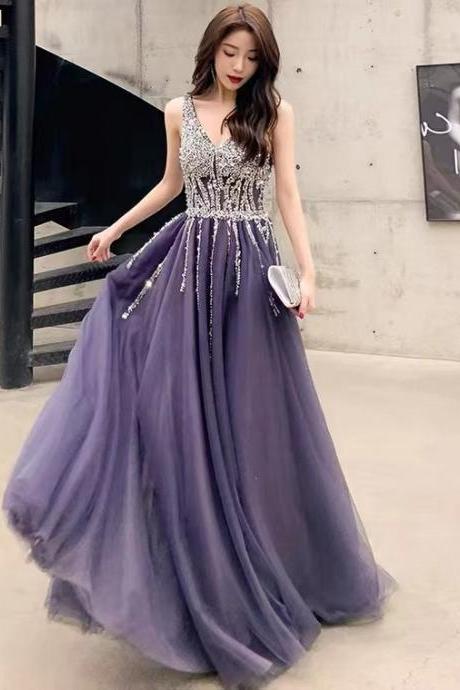 V-neck Prom Dress, Purple Bridesmaid Dress,sexy Party Dress With Bead,custom Made