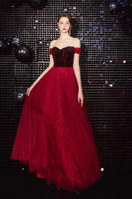 Red prom dress, sexy party dress,off shoulder evening dress with bead,Custom made