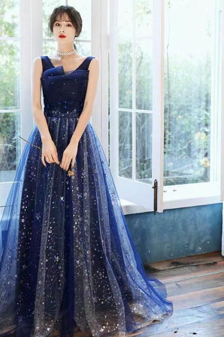 Navy Blue Evening Dress, Dream Prom Dress, V-neck Party Dress,custom Made