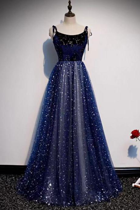 Dream Evening Dress, Navy Blue Prom Dress, Spaghetti Strap Party Dress,custom Made
