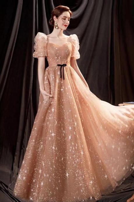 Golden Puffy Sleeve Prom Dress, Princess Temperament Evening Dress, Fairy Party Dress,custom Made