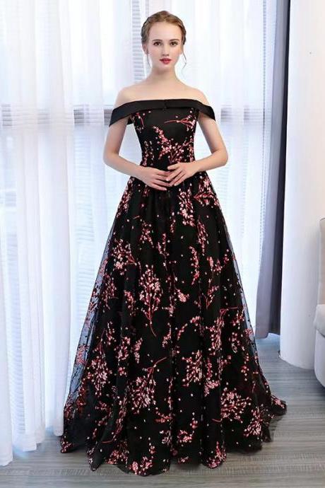 Evening Prom Gown , Sexy Off-shoulder Party Dress, Black Embroidered Evening Dress,custom Made