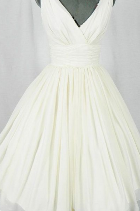 V-neck Bridesmaid Dress, White Party Dress,chiffon Evening Dress,custom Made