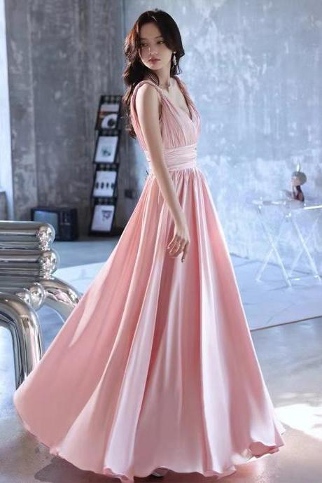 Spaghetti Strap Evening Dress, Temperament Party Dress, Light Luxury Bridesmaid Dress,texture Pink Deep V Neck Prom Dress,custom Made