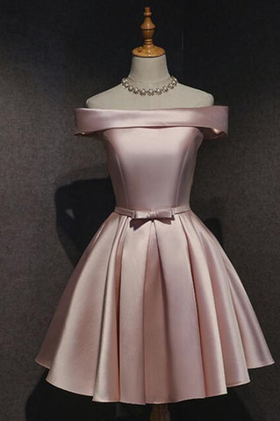 Pink Off Shoulder Homecoming Dress, Pink Party Dress, Cute Satin Dress ,custom Made