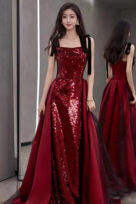 Spaghetti Strap Evening Dress, Red Party Dress, Sequin Prom Dress,custom Made