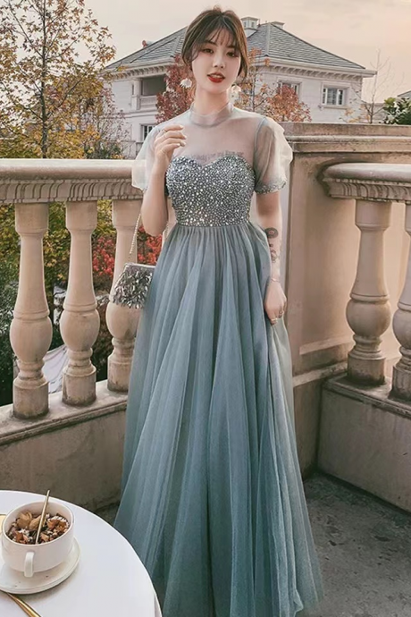 Blue prom dress, cute party dress,high neck evening dress,beaded graduation dress,custom made