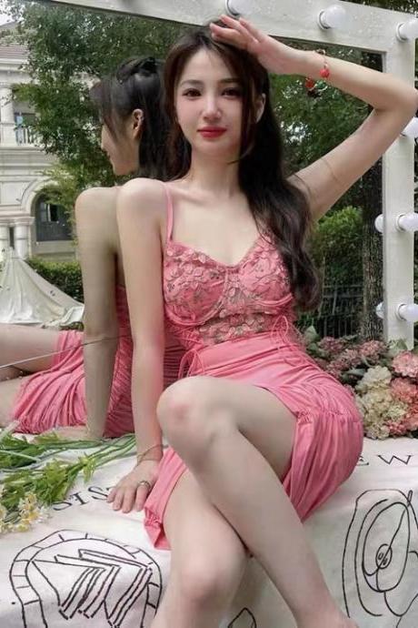 Sweet, Spaghetti Strap Lace Dress, Hook Floral Stitching Dress,sexy Bodycon Dress