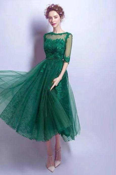 Dark Green Prom Dress, Elegant Formal Dress,o-neck Midi Dress,mid-sleeve Lace Dress,custom Made