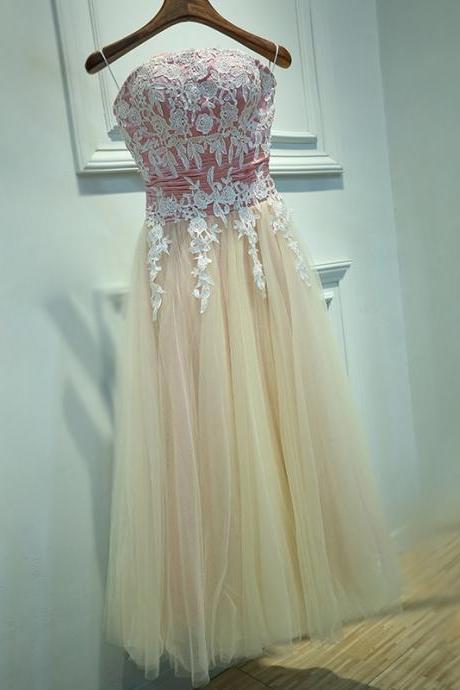 Strapless Evening Dress ,champagne Prom Dress,lace Party Dress,custom Made