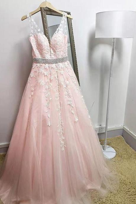 V-neck Evening Dress ,pink Prom Dress,sexy Bridesmaid Dress,lace Party Dress,custom Made