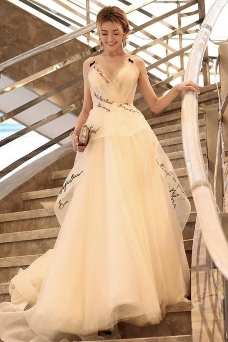 Spaghetti Strap Evening Dress, Fashionable, Elegant Party Dress,temperament Champagne Prom Dress, V-neck Evening Dress,custom Made