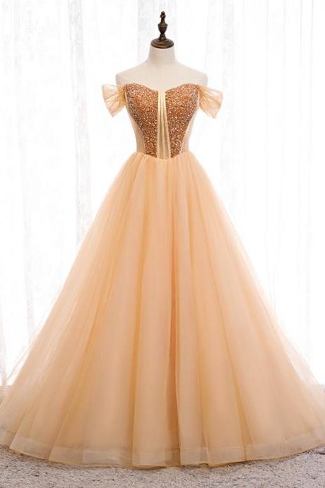 Off Shoulder Evening Dress ,champagne Prom Dress,fairy Party Dress,luxury Wedding Dress,custom Made