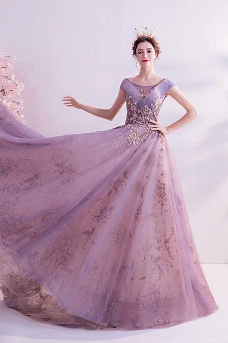 Off Shoulder Evening Dress ,purple Prom Dress,fairy Party Dress,cap Sleeve Prom Dress,custom Made