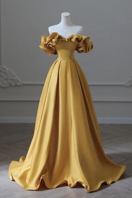 Off Shoulder Prom Dress,satin Evening Dress,yellow Party Dress,custom Made