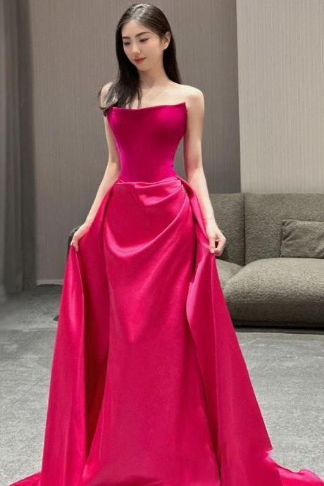 Strapless Prom Dress,satin Evening Dress,rose Red Party Dress,sexy Bridal Prom Gown,custom Made