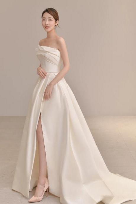 Strapless Prom Dress,satin Evening Dress,white Bridal Dress,custom Made