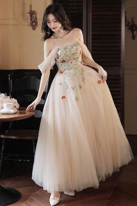 Champagne Evening Dress, Off Shoulder Fairy Temperament Dress, Long Embroidered Puffy Little Dress,custom Made