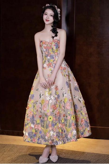 Strapless Evening Dress, Chic Party Dress, Floral Prom Dress,custom Made