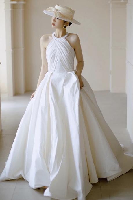 Satin Light Wedding Dress, Halter Neck Bridal Dress, Sexy White Dress,custom Made
