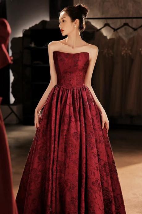 Strapless Evening Dress,burgundy Prom Dress ,elegant Party Dress,unique Jacquard Dress, Custom Made