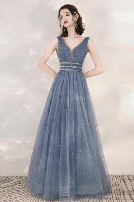 Temperament Blue Pomp Dress, V-neck Prom Dress,fairy Evening Dress,custom Made