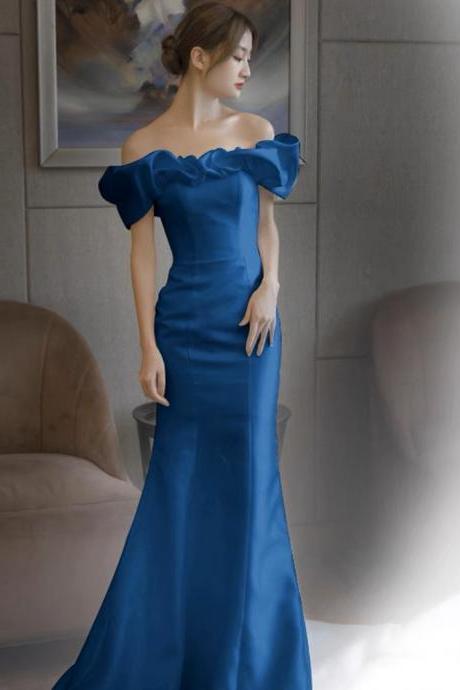 Blue Evening Dress, Light Luxury Party Dress, Off-shoulder Memaid Prom Dress,custom Made
