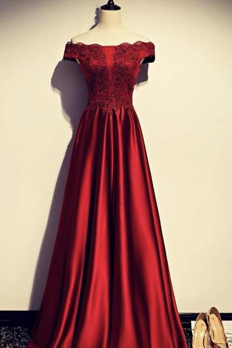 Burgundy Evening Dress, Charming Party Dress, Off-shoulder Satin Prom Dress,custom Made