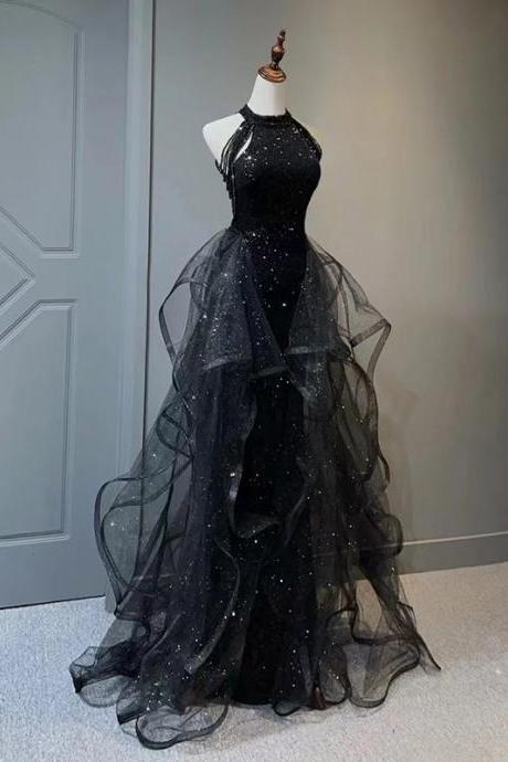Black Dress, Light Luxury Party Dress, Sequined Prom Dress, Halter Neck Evening Dress,custom Made
