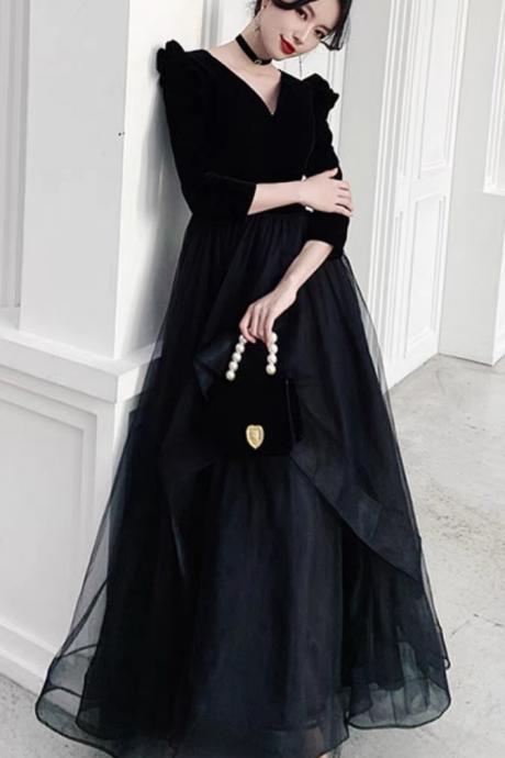 V-neck Prom Dress,black Evening Dress,long Sleeve Party Dress,custom Made