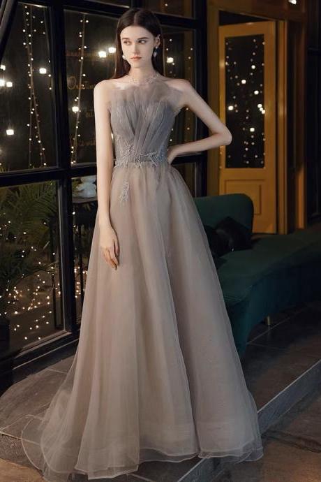 Grey Evening Gown, Birthday Fairy Prom Dress, High Texture Strapless Dress,custom Made