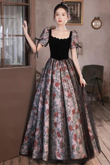 Square Collar Evening Gown, Black Dress, Floral Prom Dress,vintage Dress,custom Made