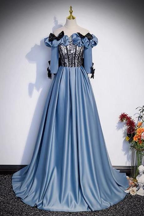 Off Shoulder Prom Dress,blue Evening Dress,long Sleeve Party Dress,vintage Dress,custom Made